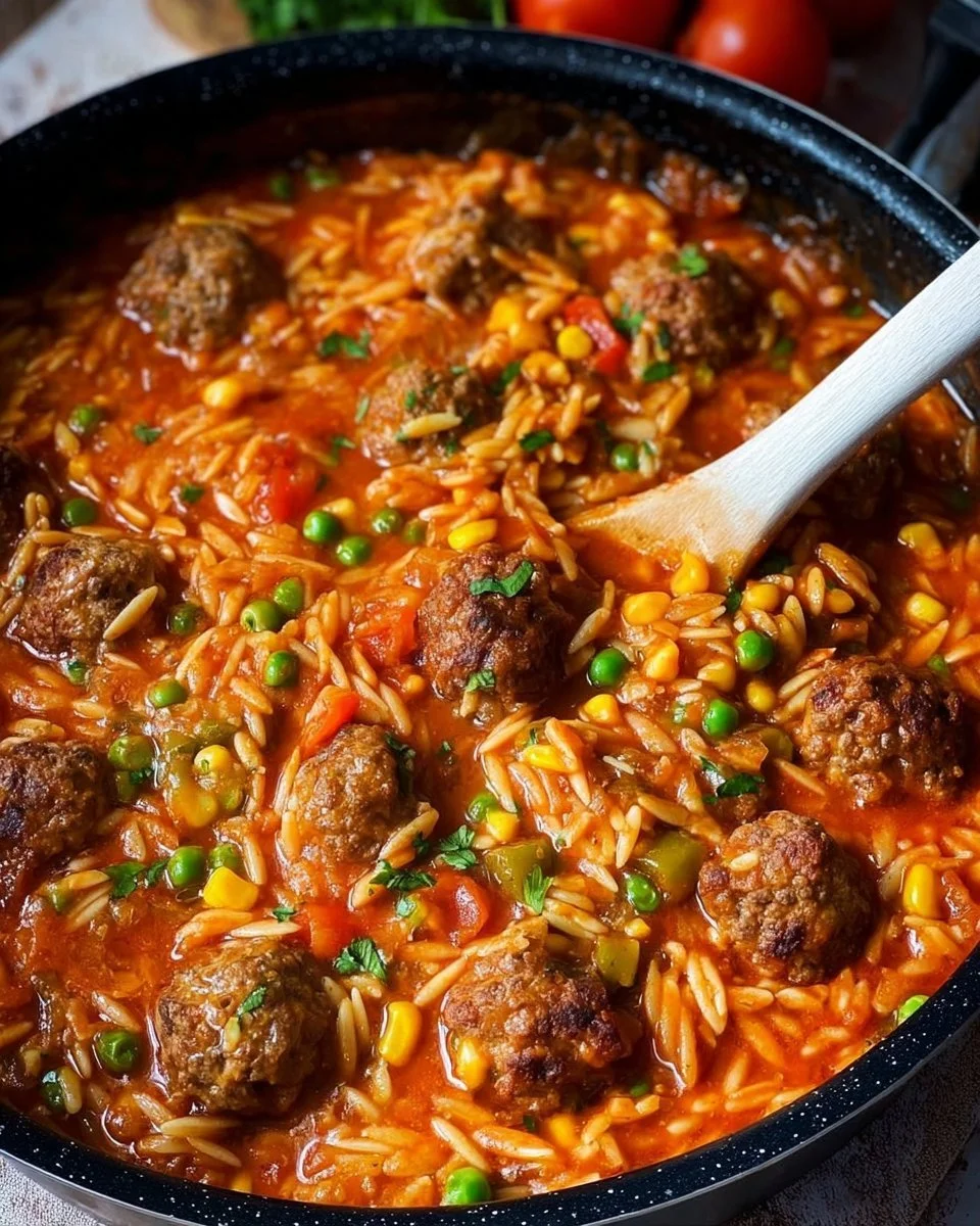 Bunte Orzo-Pfanne mit Hackbällchen und frischem Gemüse auf einem Teller