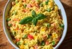 Bunter Reissalat mit Curry, gesund und lecker, serviert in einer Schüssel