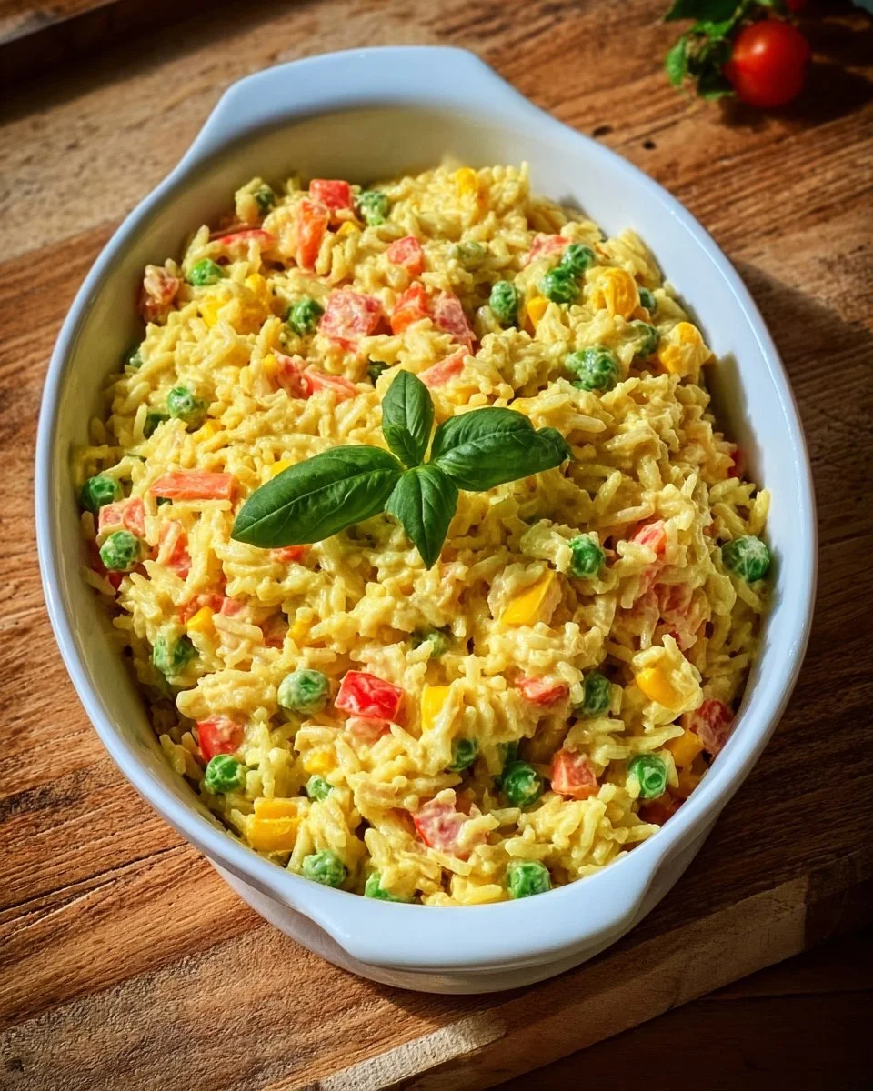 Bunter Reissalat mit Curry, gesund und lecker, serviert in einer Schüssel