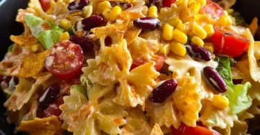 Bunter Taco-Nudelsalat mit Crunch auf einem Teller serviert