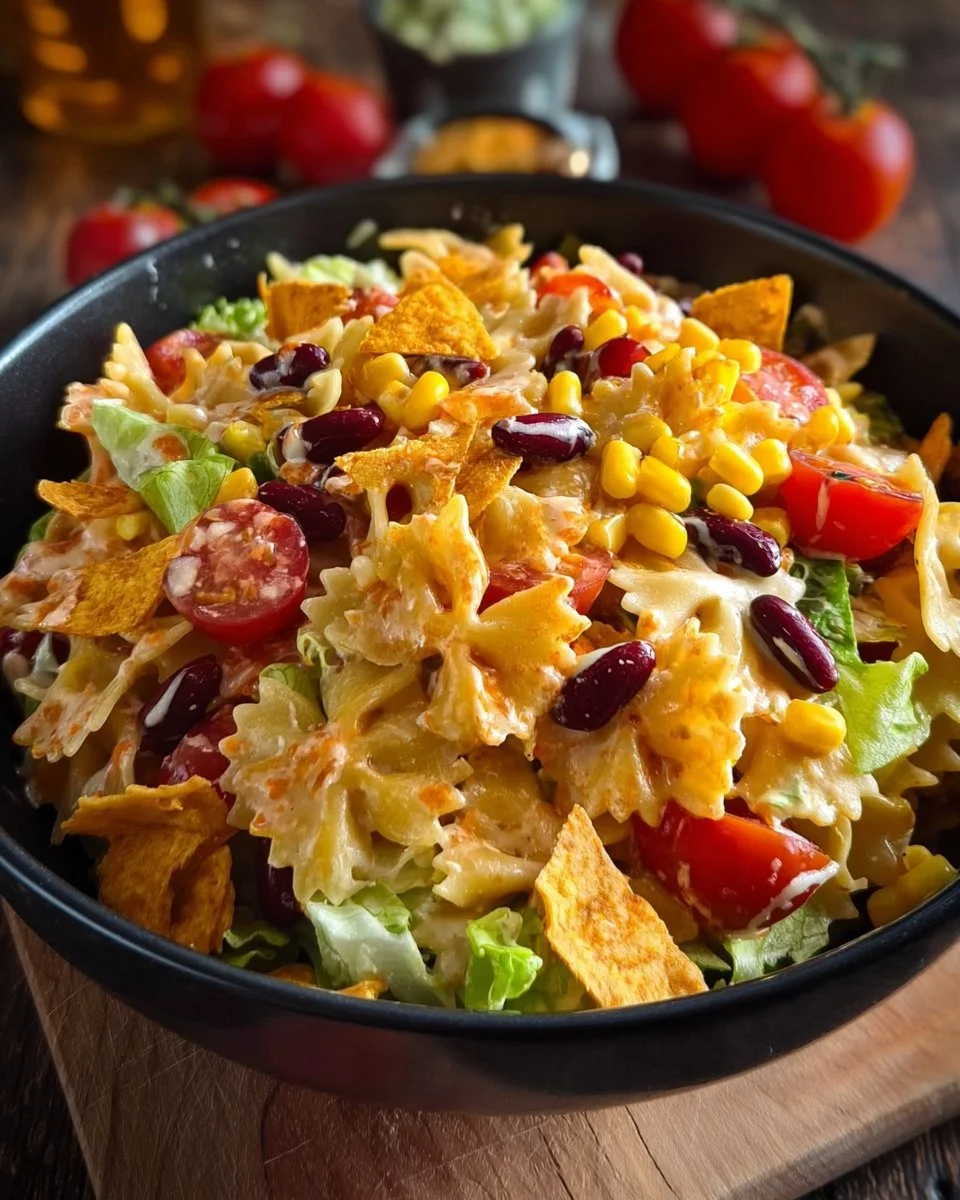 Bunter Taco-Nudelsalat mit Crunch auf einem Teller serviert