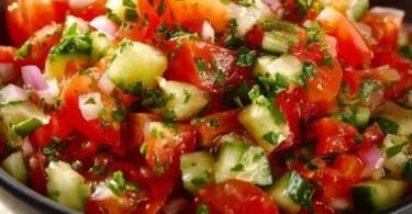 Bunter Tomaten Gurken Salat mit frischen Zutaten auf einem Tisch