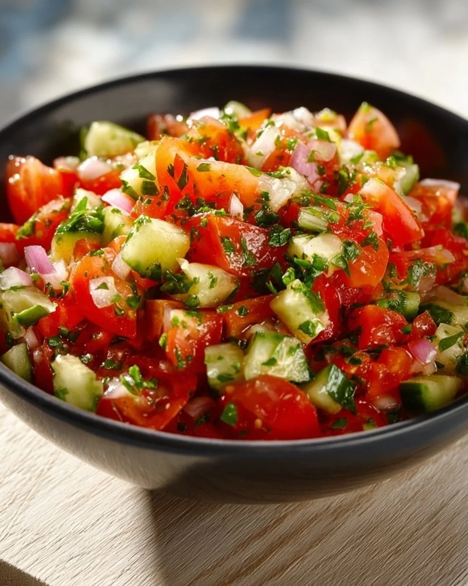 Bunter Tomaten Gurken Salat mit frischen Zutaten auf einem Tisch