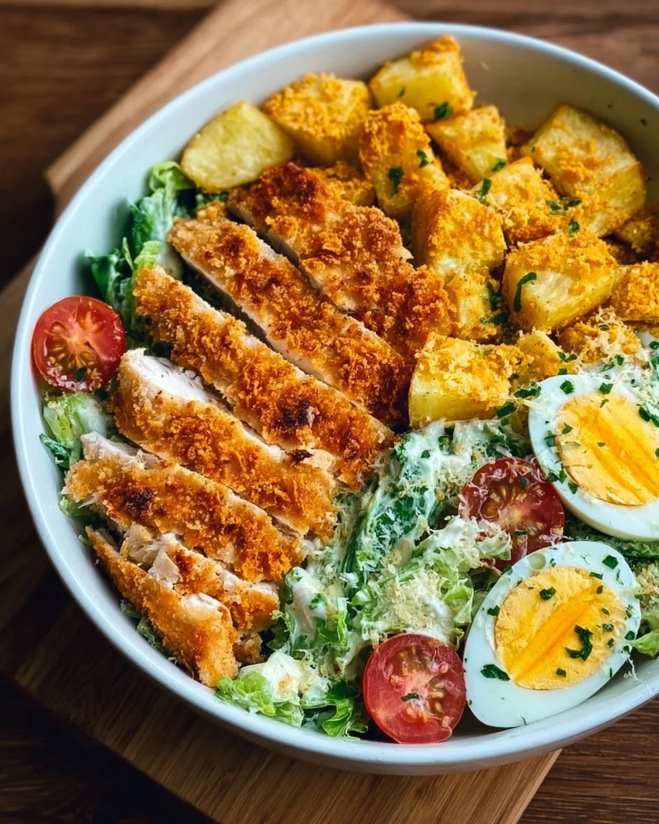 Leckere Caesar-Hähnchen-Bowl mit frischen Zutaten und Dressing