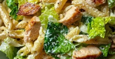 Leckere Caesar-Nudelsalat mit Römersalat und Dressing