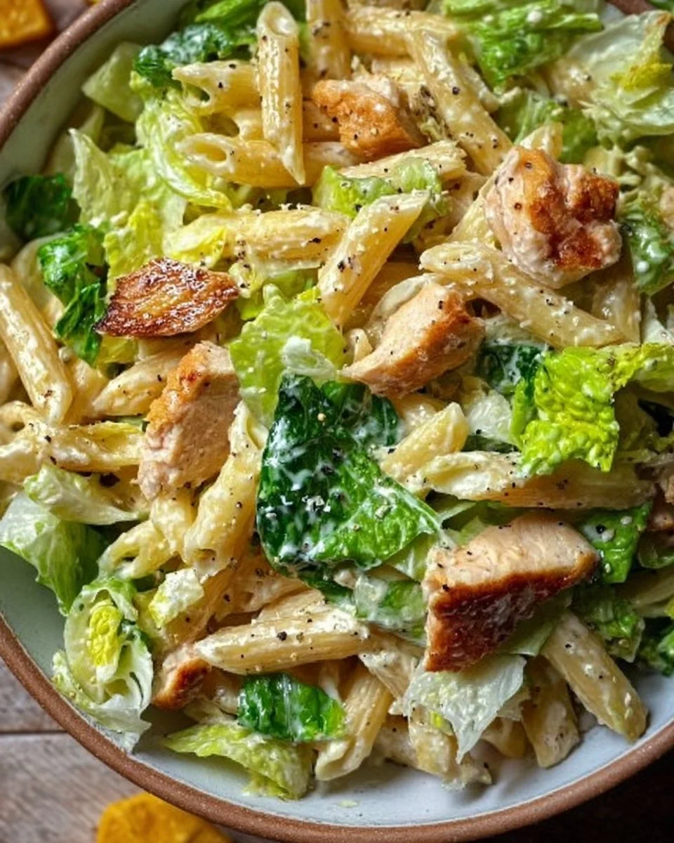 Leckere Caesar-Nudelsalat mit Römersalat und Dressing