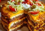 Leckere Cheeseburger-Torte mit würzigen Zutaten und einem tollen Design