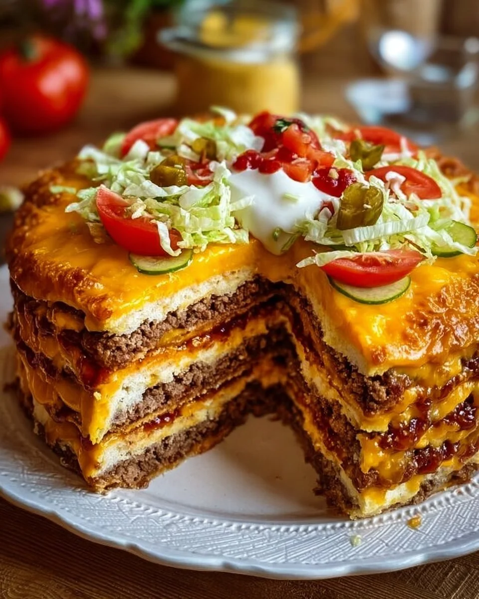 Leckere Cheeseburger-Torte mit würzigen Zutaten und einem tollen Design