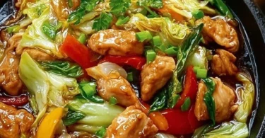 Chinesische Hähnchenpfanne mit Spitzkohl und Zwiebeln auf einem Teller