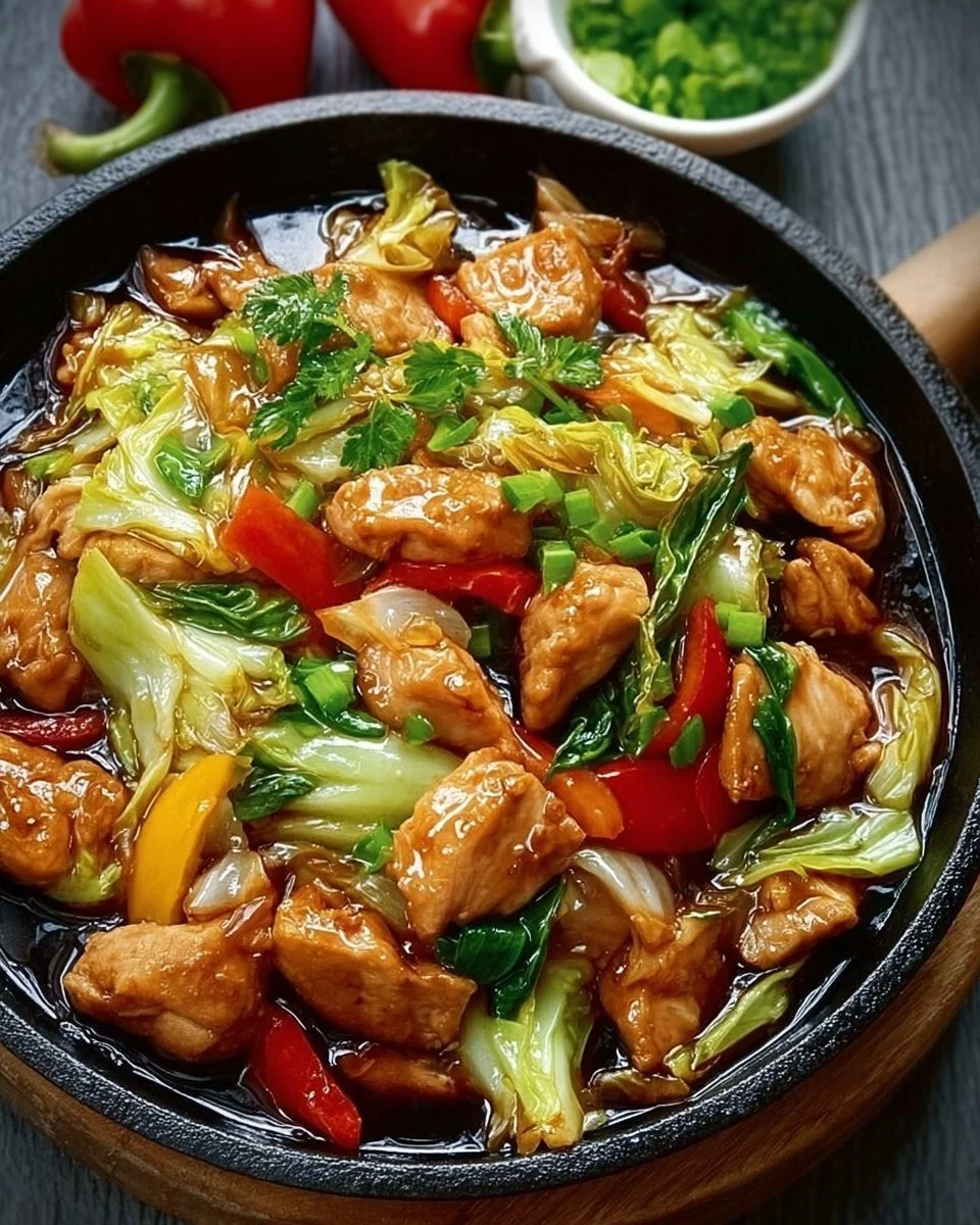 Chinesische Hähnchenpfanne mit Spitzkohl und Zwiebeln auf einem Teller