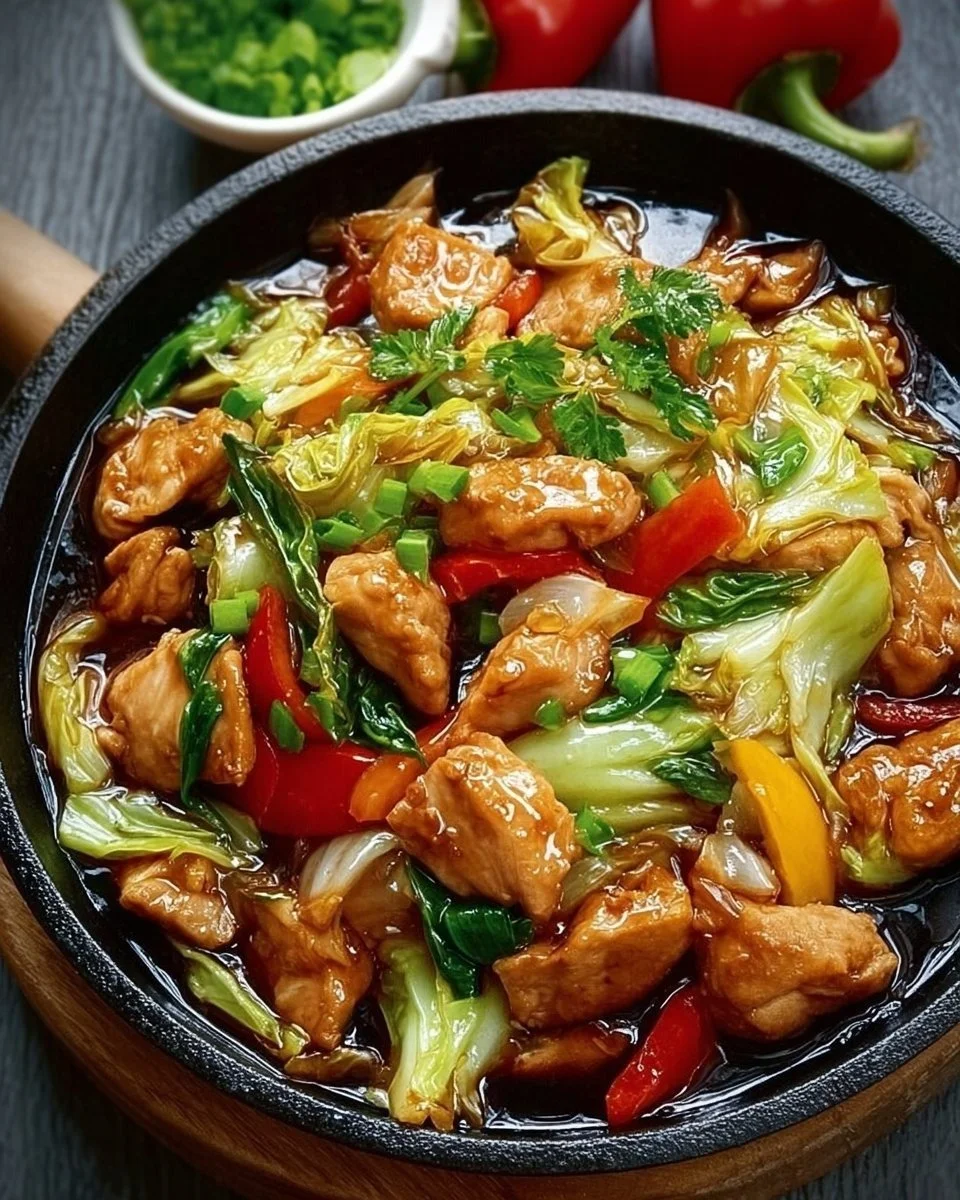 Chinesische Hähnchenpfanne mit Spitzkohl und Zwiebel