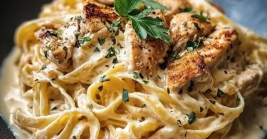 Cremige Hähnchen-Alfredo-Nudeln serviert mit frischen Kräutern
