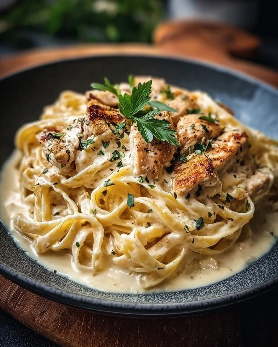 Cremige Hähnchen-Alfredo-Nudeln serviert mit frischen Kräutern
