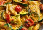 Cremige Maultaschenpfanne mit Zucchini und Tomaten auf einem Teller serviert.