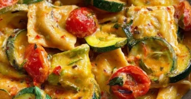 Cremige Maultaschenpfanne mit Zucchini und Tomaten auf einem Teller serviert.