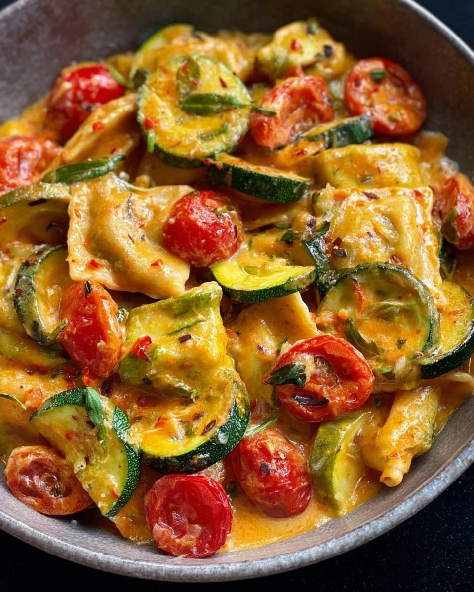 Cremige Maultaschenpfanne mit Zucchini und Tomaten auf einem Teller serviert.