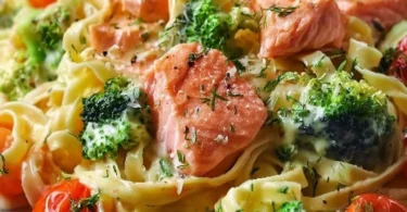 Cremige Pasta mit Lachs, Brokkoli und Tomaten auf einem Teller serviert.