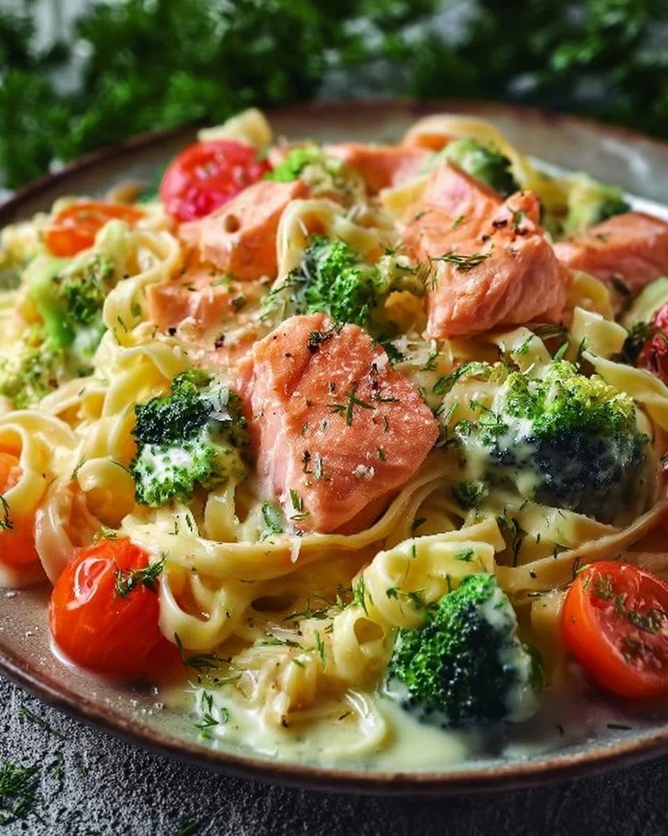 Cremige Pasta mit Lachs, Brokkoli und Tomaten auf einem Teller serviert.