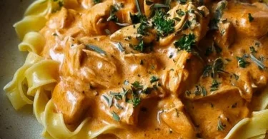 Cremiges Hähnchenragout mit Bandnudeln serviert auf einem Teller
