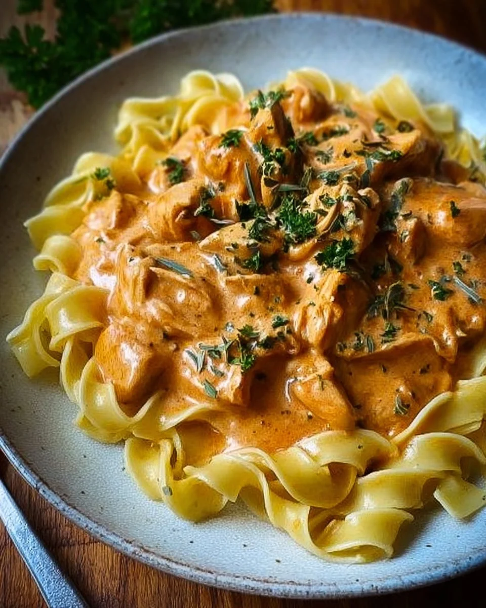 Cremiges Hähnchenragout mit Bandnudeln serviert auf einem Teller