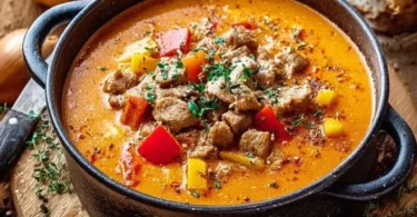 Schüssel mit deftiger Suppe, ideal für kalte Tage