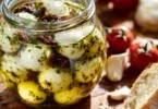 Eingelegter Mozzarella mit Kräutern und Gewürzen in einem Glas.