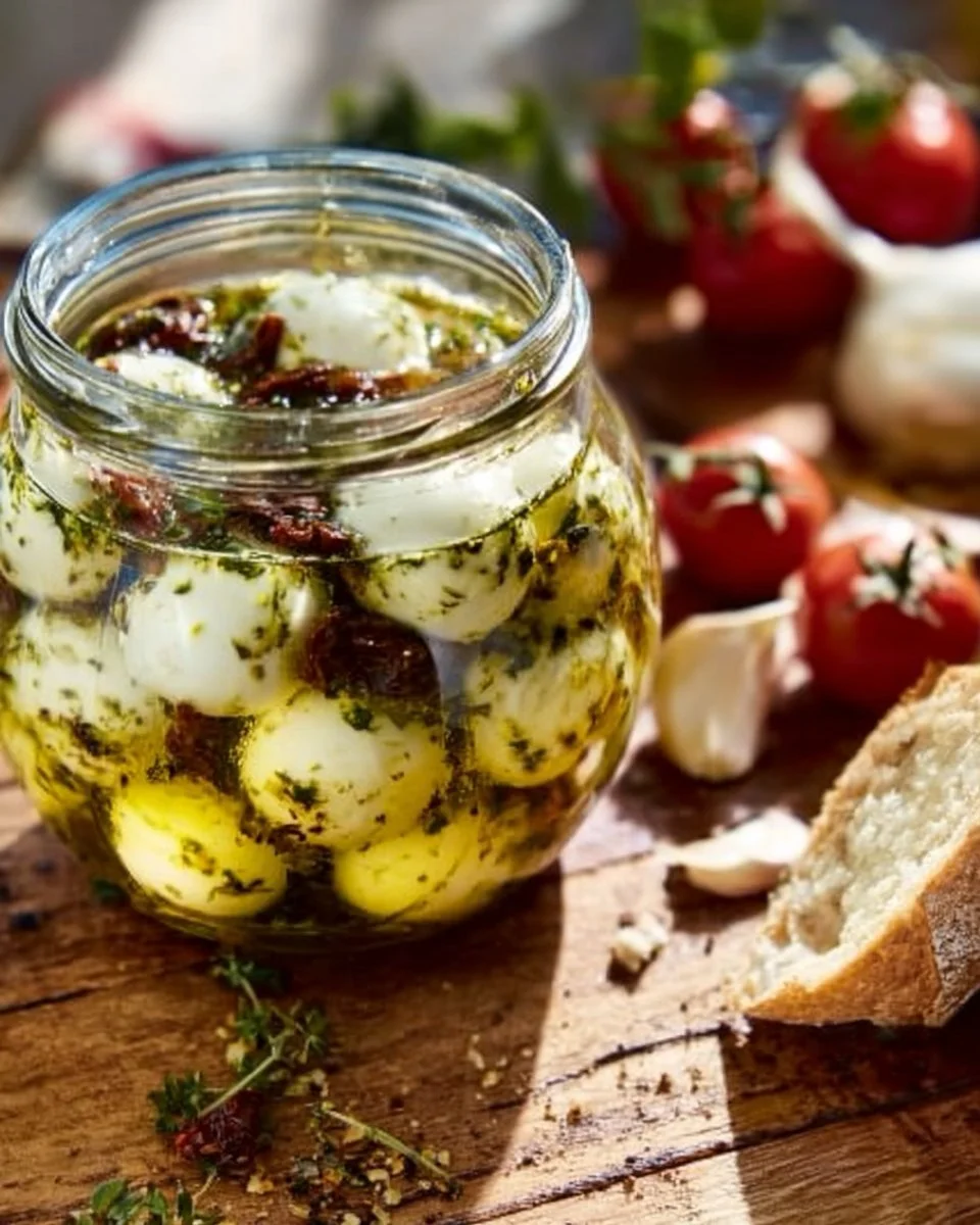 Eingelegter Mozzarella mit Kräutern und Gewürzen in einem Glas.