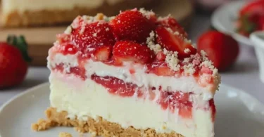 Erdbeer Crunch Käsekuchen mit frischen Erdbeeren und knusprigem Topping