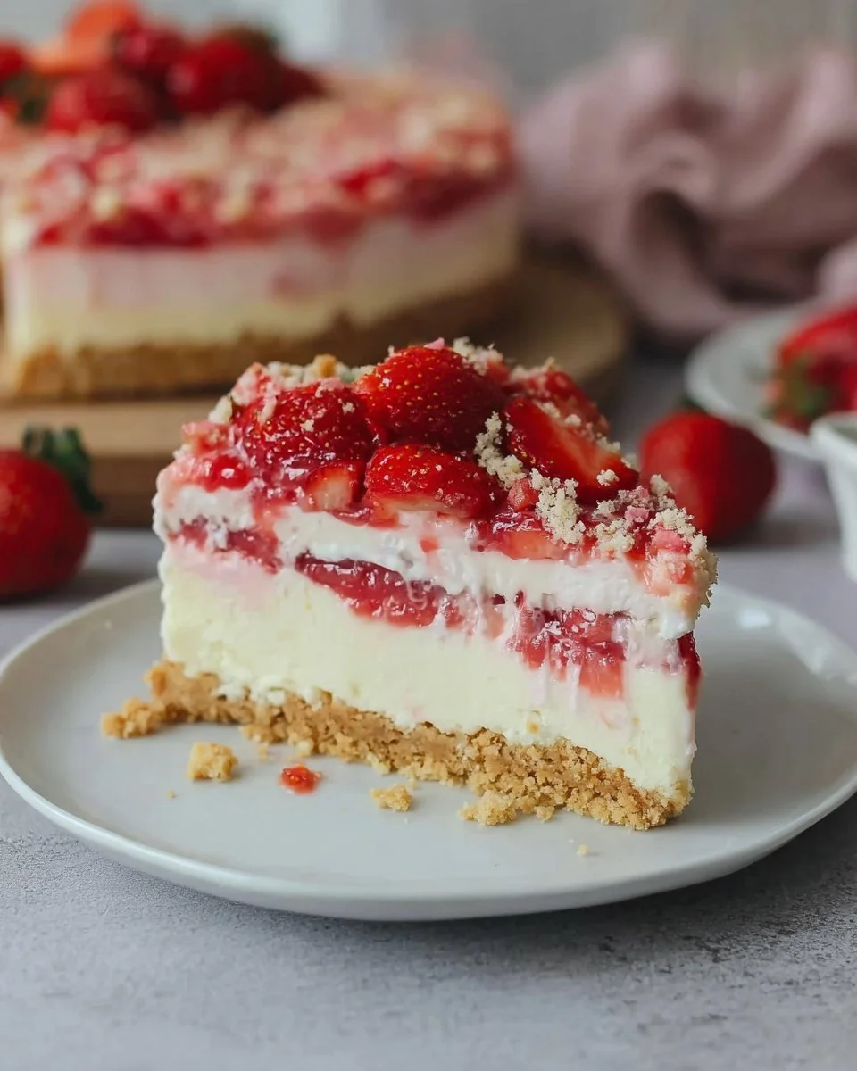 Erdbeer Crunch Käsekuchen mit frischen Erdbeeren und knusprigem Topping