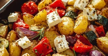 Feta-Kartoffeln mit buntem Ofengemüse auf einem Teller serviert.