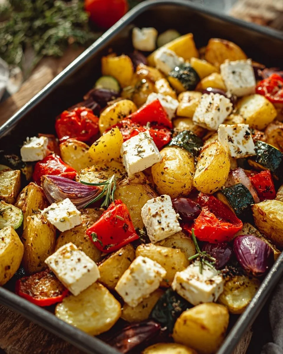 Feta-Kartoffeln mit buntem Ofengemüse auf einem Teller serviert.