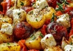 Feta Kartoffeln Ofengemüse frisch aus dem Ofen mit buntem Gemüse