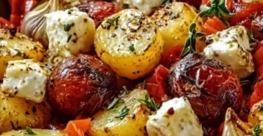 Feta Kartoffeln Ofengemüse frisch aus dem Ofen mit buntem Gemüse