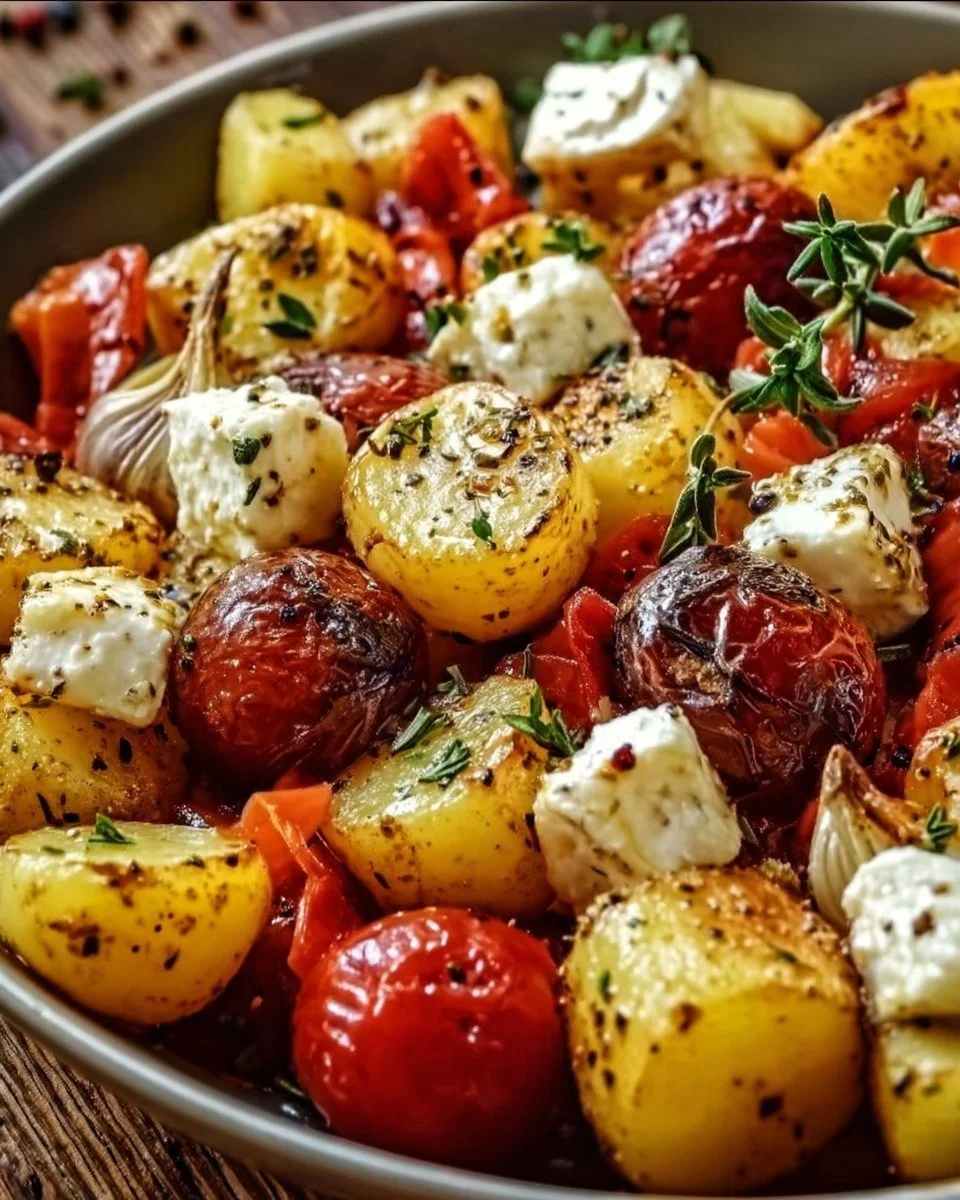 Feta Kartoffeln Ofengemüse frisch aus dem Ofen mit buntem Gemüse