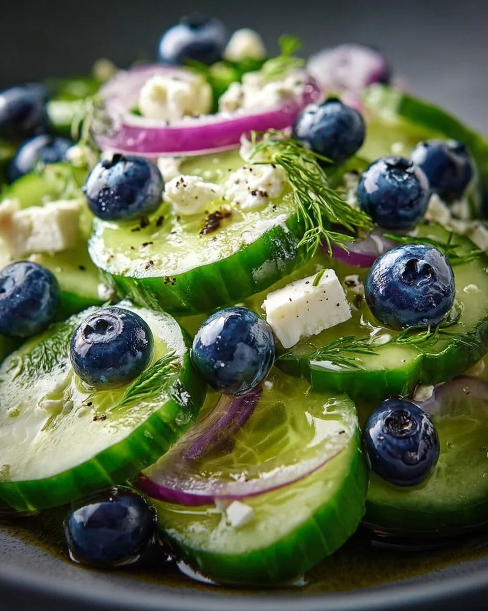 Frischer Gurken-Blaubeer-Salat mit knackigen Gurken und süßen Blaubeeren.