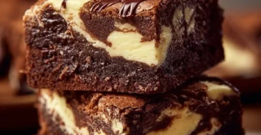 Frischkäse-Brownies auf einem Teller, dekoriert mit Schokolade und Puderzucker