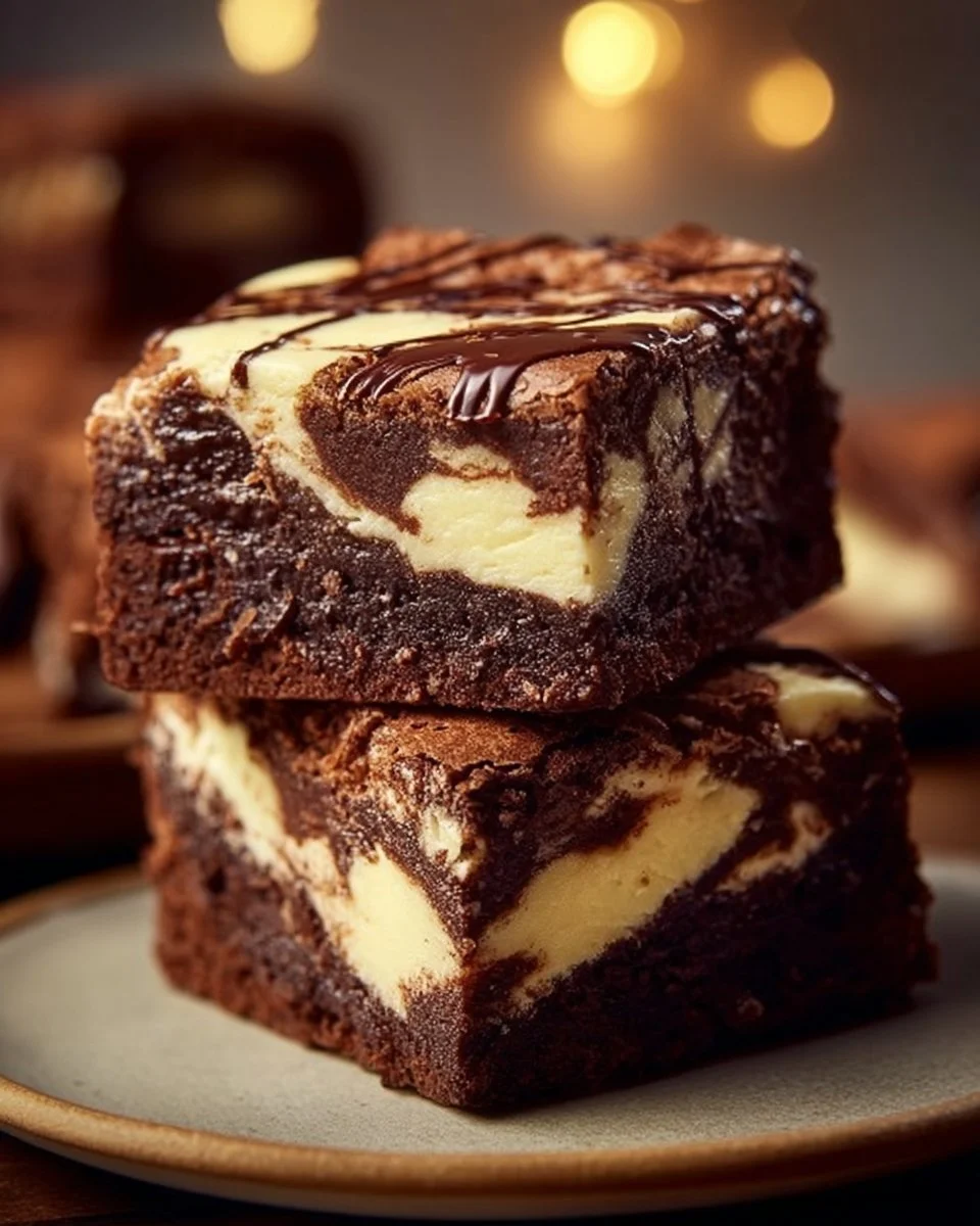 Frischkäse-Brownies auf einem Teller, dekoriert mit Schokolade und Puderzucker
