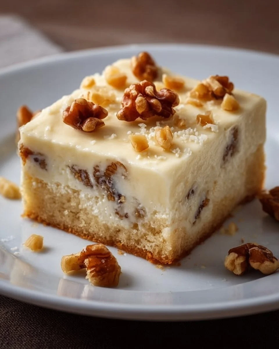 Kuchen mit Pudding und Walnüssen auf einem Teller serviert