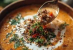 Schmackhafte Friss-dich-dumm-Suppe in einer bunten Schüssel serviert.