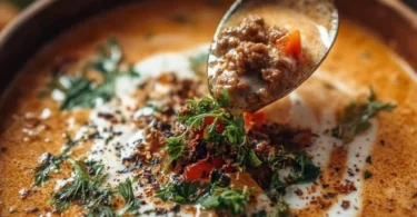 Schmackhafte Friss-dich-dumm-Suppe in einer bunten Schüssel serviert.