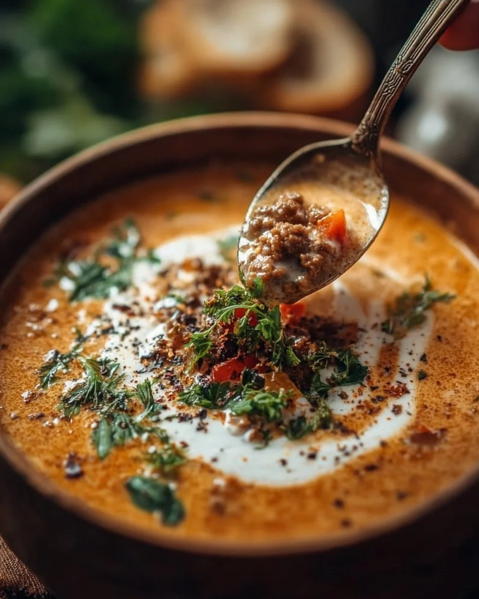 Schmackhafte Friss-dich-dumm-Suppe in einer bunten Schüssel serviert.