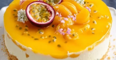 Fruchtige Pfirsich-Maracuja-Torte mit frisch geschnittenen Früchten