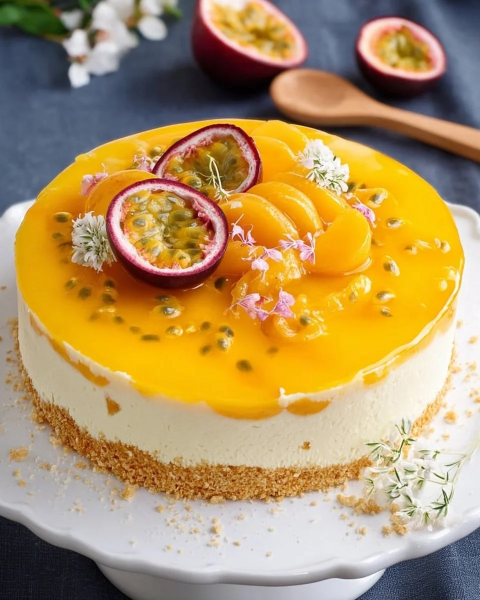 Fruchtige Pfirsich-Maracuja-Torte mit frisch geschnittenen Früchten