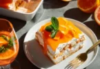 Fruchtiges Aperol Spritz-Tiramisu serviert auf einem Teller mit frischen Zutaten