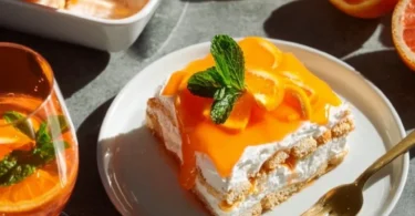 Fruchtiges Aperol Spritz-Tiramisu serviert auf einem Teller mit frischen Zutaten