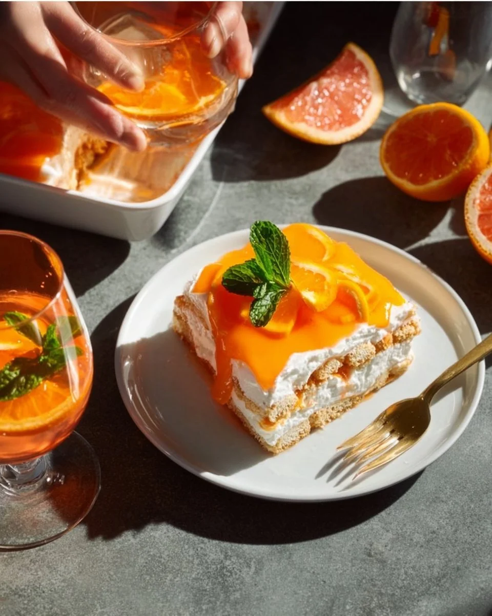Fruchtiges Aperol Spritz-Tiramisu serviert auf einem Teller mit frischen Zutaten