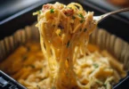 Leckere gebratene Feta-Pasta auf einem Teller serviert mit frischen Zutaten
