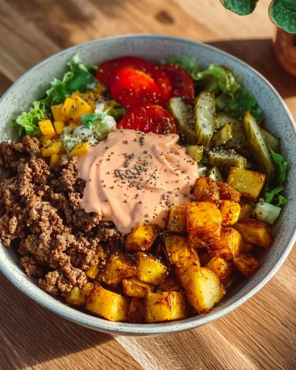 Gesunde Burger Bowl mit frischen Zutaten und buntem Gemüse