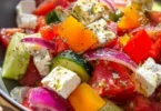 Griechischer Bauernsalat mit frischen Zutaten und Olivenöl