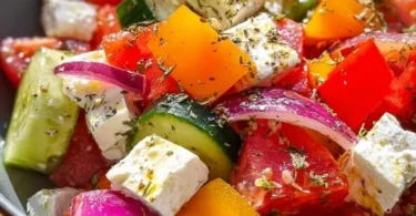 Griechischer Bauernsalat mit frischen Zutaten und Olivenöl